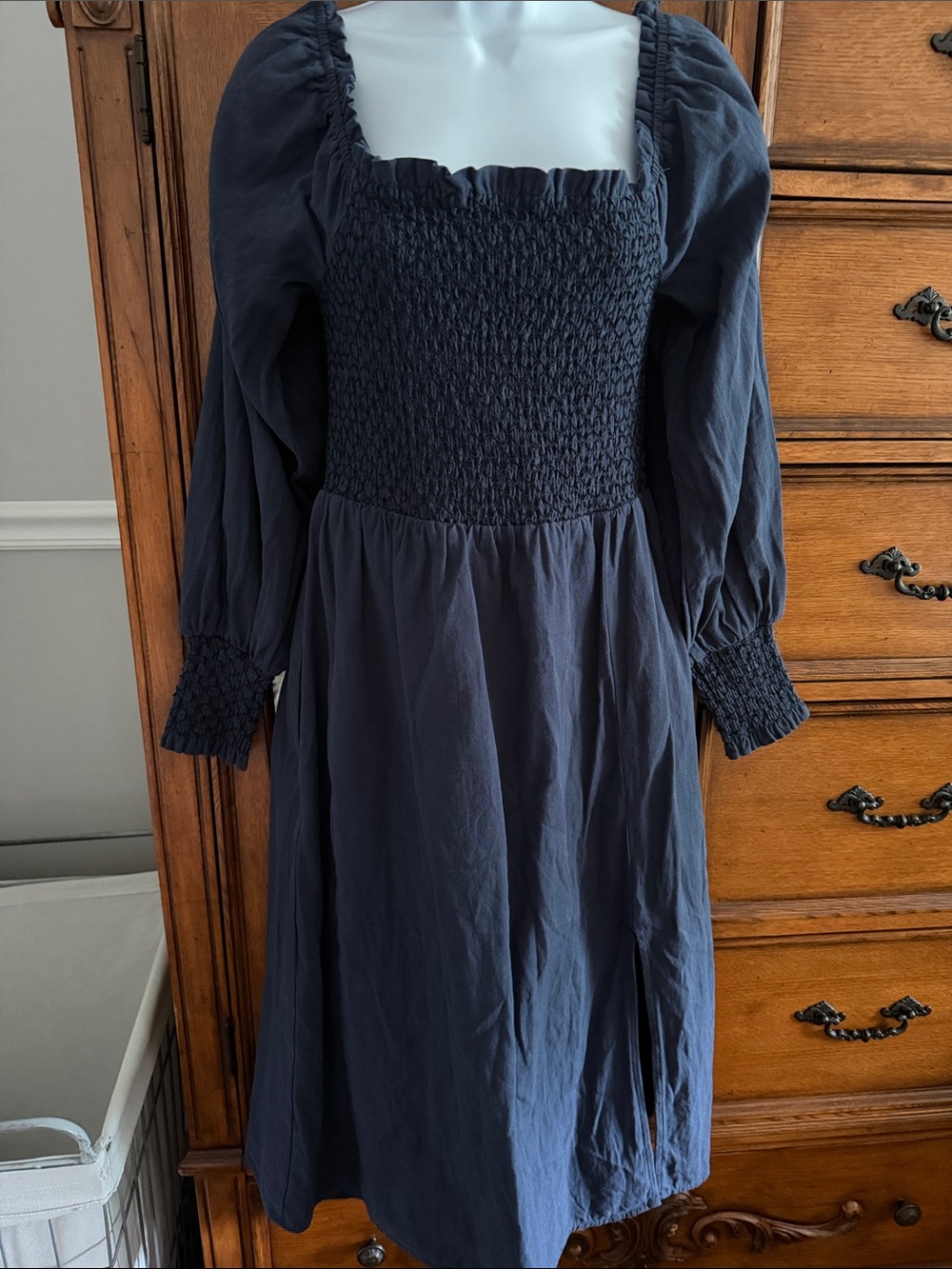 Lost + Wander Midnight Navy Smocked Square-Neck Midi Dress